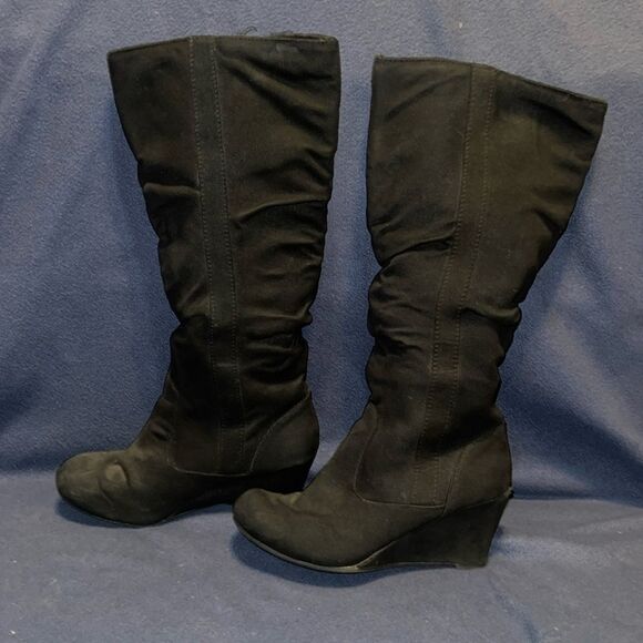 Solanz Womens Kadie Boots with Slouchy faux Suede Wedge Heel boot Black, 7.5 - Picture 2 of 13